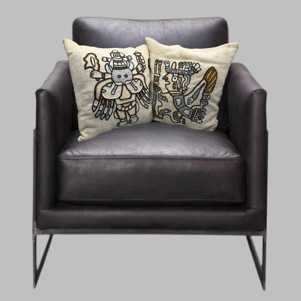 Aztec Tribal Peruvian Crewel Embroidered Throw Pillows Boho Ethnic Set of 2